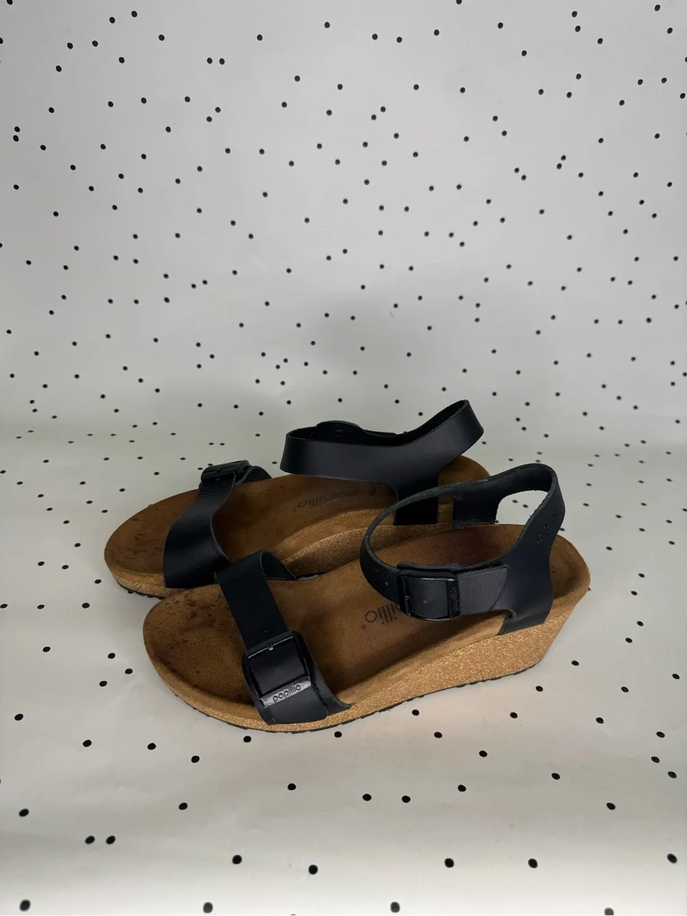 Birkenstock Papillio Soley Black Leather Wedge Sandals with Buckle Straps size 9